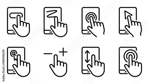 Collection of eight hand gestures on tablet screens, demonstrating user interface touch interactions