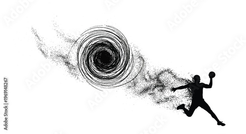 Dynamic vector illustration of an athlete silhouette dissolving into a swirling black vortex graphic
