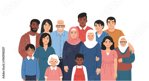 Happy diverse multi-generational family vector illustration showing different ages and cultural backgrounds together.
