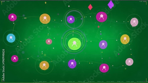 Green node getting data pulses and causing ring growth across tech network on transparent canvas