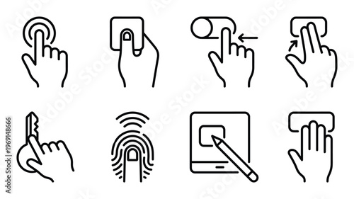 Digital interaction icons set featuring fingerprint scanning and touchscreen gestures in linear style