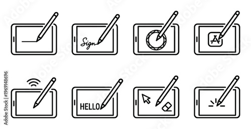 Digital tablet stylus interaction icons signing writing drawing and erasing on screen with touch pen
