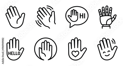 Greeting hand gestures line icon set showing hello hi welcome and waving palms for social messaging