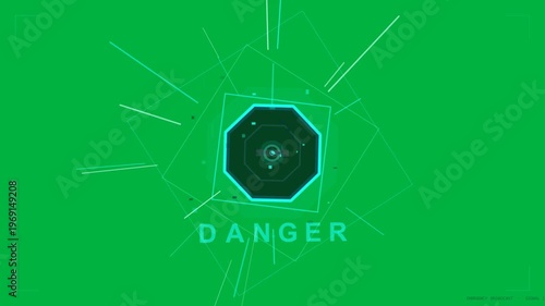 Cyan octagon appearing, animating, revealing DANGER and sweeping scan on transparent bg, alerting