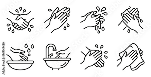 Hand washing procedure icons displaying soap application rinsing and drying steps for germ protection