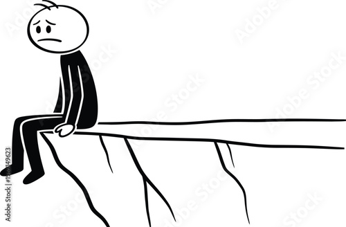 Sad stick figure sitting on the edge of a cliff