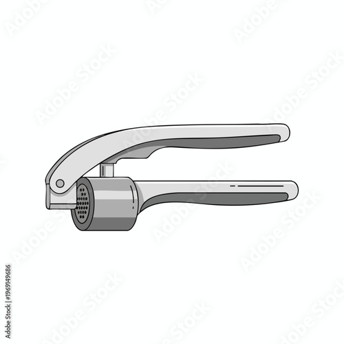 A grey kitchen tool with two handles, one with a crushing head and holes, on white