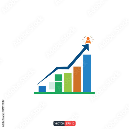 Bar chart with upward arrow, indicating growth and success