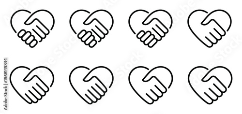 Heart handshake line icon set love and friendship symbol unity and partnership agreement sign