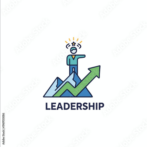 Stylized figure on mountain summit with growth arrow, signifying achievement