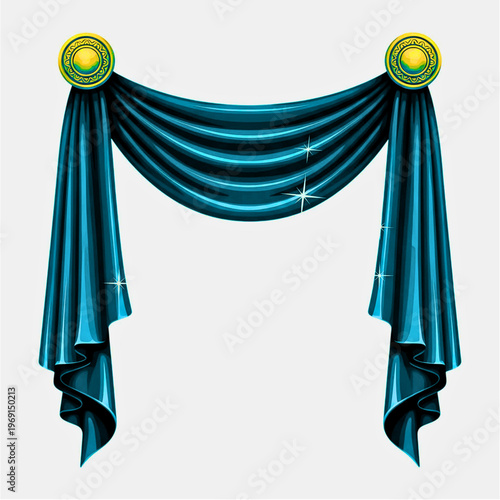 Classic blue Theater Curtain Valance with Gold Decor Isolated on White