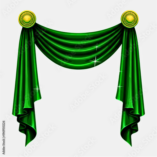 Classic green Theater Curtain Valance with Gold Decor Isolated on White