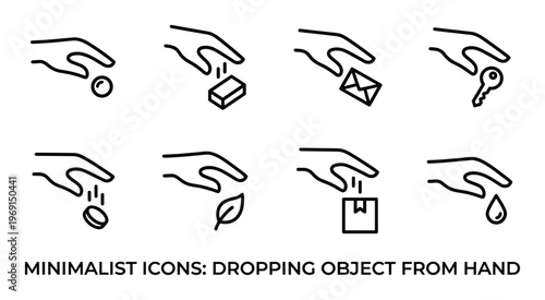 Minimalist icons dropping object from hand including keys money letters and parcels on transparent background
