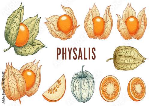 Physalis fruit a collection of vibrant illustrations of physalis, also known as golden berry, ground cherry, and cape gooseberry