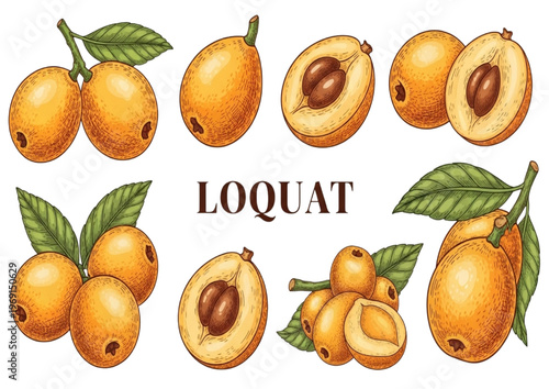 Delicious Organic Loquat Fruits Collection, Hand Drawn Vector Illustrations of Ripe Yellow Fruit and Green Leaves, Healthy Springtime Snack