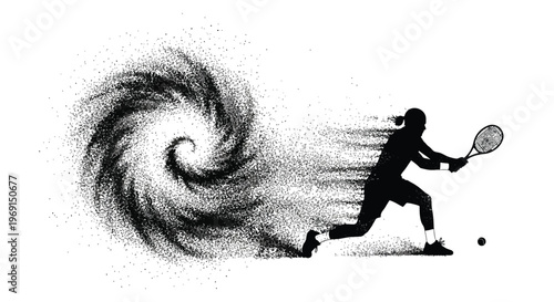 Powerful tennis player silhouette illustration creating a vortex of particles showcasing dynamic athletic movement.