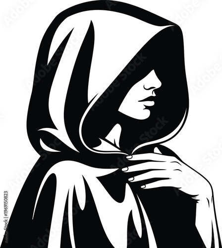 Mysterious figure in hood a black and white illustration