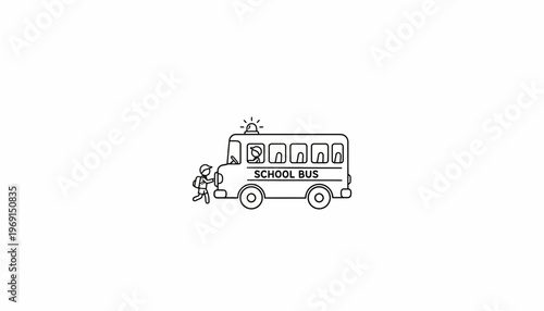 Child with Backpack Boards Yellow School Bus, Back to School Concept, Simple Line Art