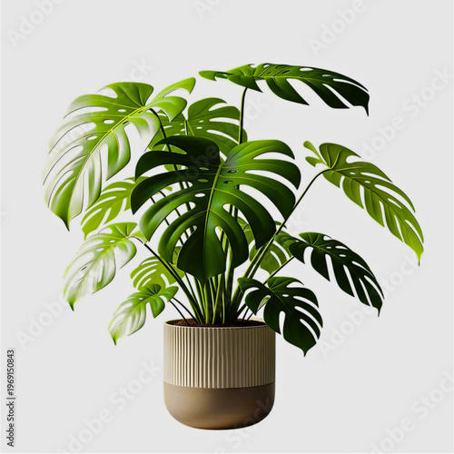 Monstera deliciosa plant in a modern ceramic pot isolated on white background