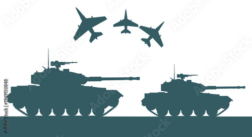Military Silhouette of Battle Tanks and Fighter Jets Flying on Black Background