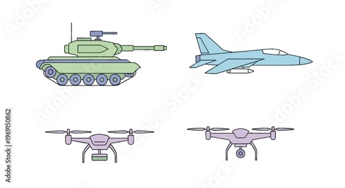 Modern Military Vehicle and Drone Vector Icon Set: Tank, Fighter Jet, and UAV Surveillance Drones.