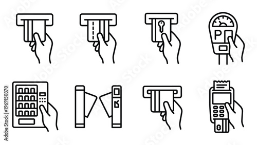 Payment card icons hand inserting card into terminal and parking meter shown with credit card machine