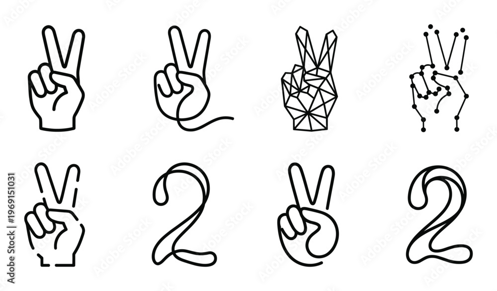 Obraz premium Peace sign hand gesture icons in creative styles featuring geometric polygon and continuous line art