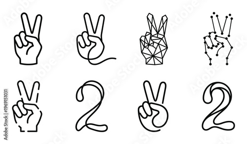 Peace sign hand gesture icons in creative styles featuring geometric polygon and continuous line art