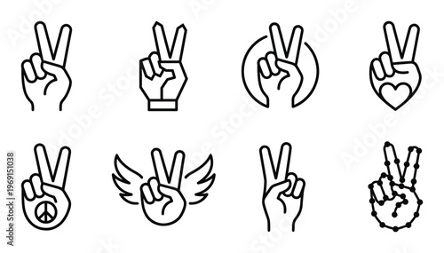Peace sign hand gesture variations modern outline icons on transparent background vector