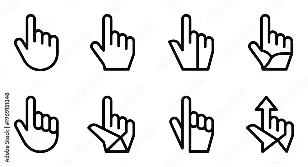 Fototapeta premium Pointing hand cursor icon set with various finger positions and geometric abstract styling elements