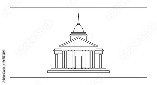 Classical Government Building Facade with Columns and Dome, Architectural Line Art