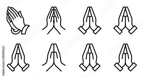 Praying hands icon set with multiple positions of palms together for meditation and peace concepts