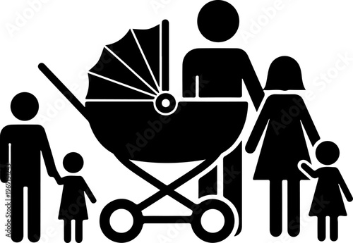 Family, parents, and children icons, baby stroller, family symbols, black silhouette