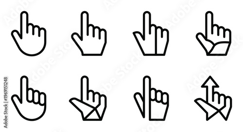 Pointing hand cursor icon set with various finger positions and geometric abstract styling elements
