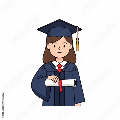 Flat 2D vector illustration of a female graduate student wearing a dark blue academic gown and mortarboard cap with a yellow tassel, holding a rolled diploma scroll on white background.