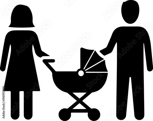 Black parents, couple, pushing baby stroller, family icons, vector