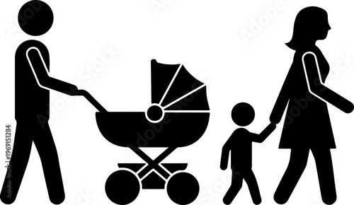 Family, parents, baby stroller, black silhouette icons, vector family symbols, parenting illustrations