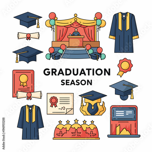 Graduation season vector icon set featuring academic mortarboard caps, diploma scrolls with seals, graduation gowns, a commencement stage with a podium, and celebratory balloons.