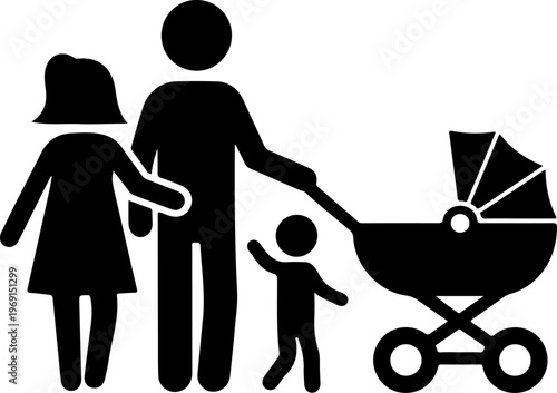 Family, Parents, Baby Stroller, Silhouette Icon, Black Vector Graphic