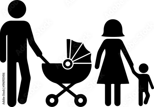 Family, parents, baby stroller, black silhouette icons, vector family symbols, parenting illustrations