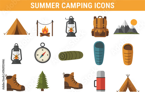 Summer Camping Icons Set Featuring Tent, Lantern, Sleeping Bag, Compass, and Mountain Scenery