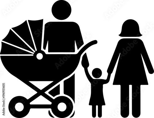 Family, parents, and baby stroller, black silhouette vector icon set