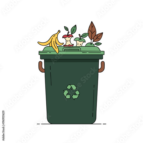 Green bin overflow with banana, apple cores, and leaves. Recycle symbol
