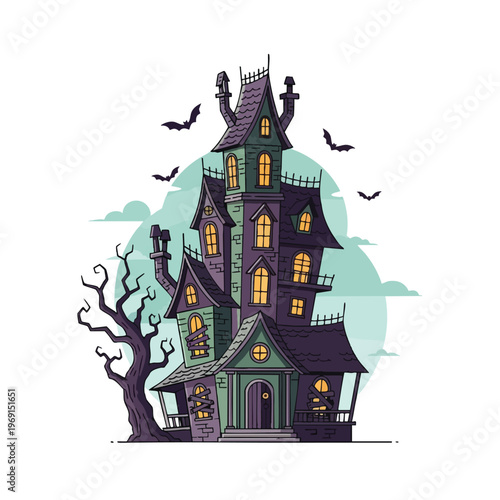 Spooky, crooked haunted mansion with glowing windows and bats flying