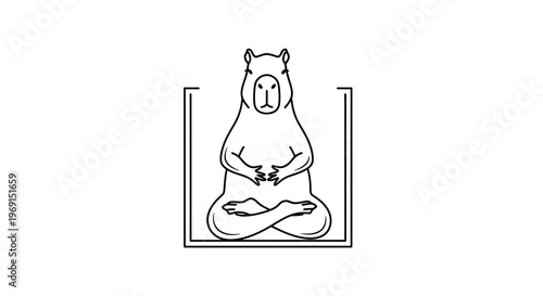 Capybara meditating in lotus pose inside a minimalist frame, zen animal illustration