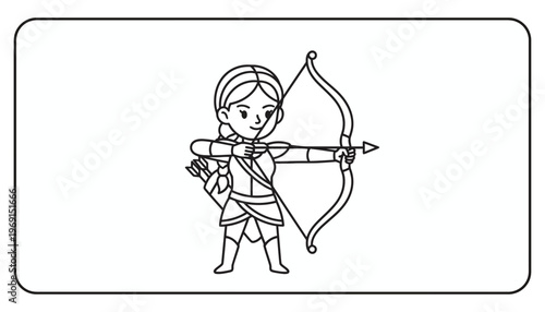Cartoon Archer Girl with Bow and Arrow, Zodiac Sagittarius, Line Art