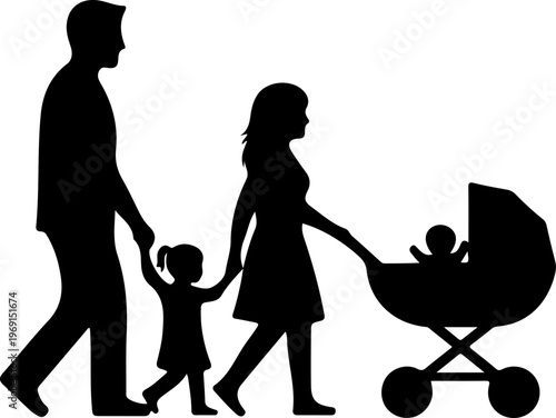 Family, parents, and children silhouettes, stroller vector icon