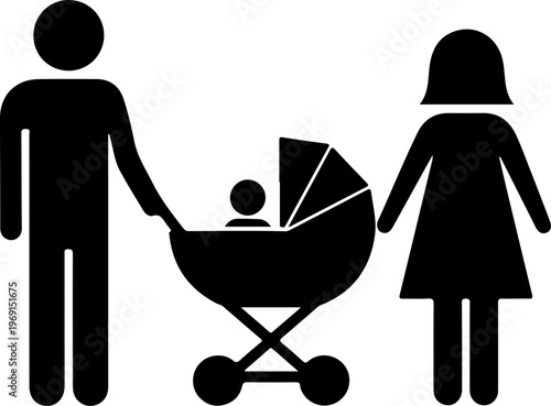 Family, parents, baby stroller, black silhouette icons, vector graphics
