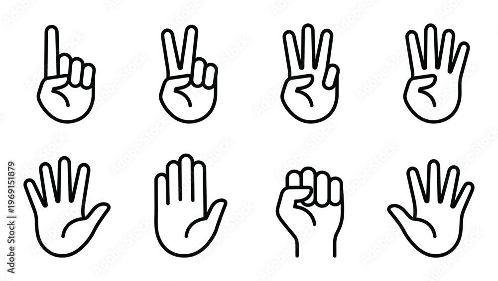 Fototapeta premium Set of black linear hands gesturing different numbers and signals on transparent background