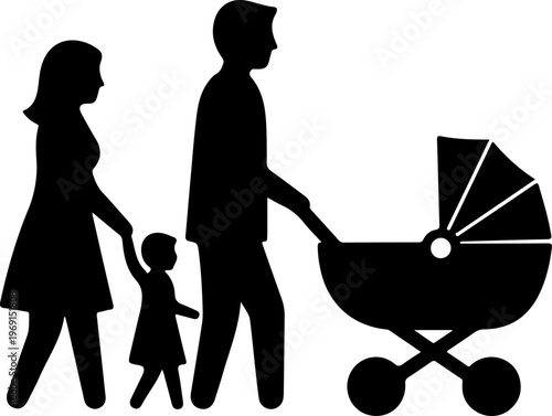 Family, parents, and baby stroller silhouette, black, vector icons